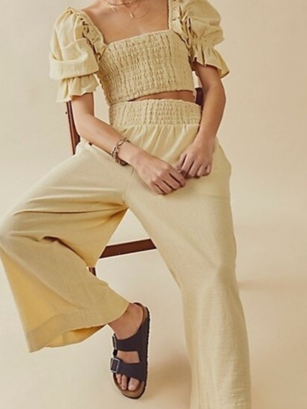 Free People Free-est Two Piece Cotton Smocked Set Size Small Tan Straw